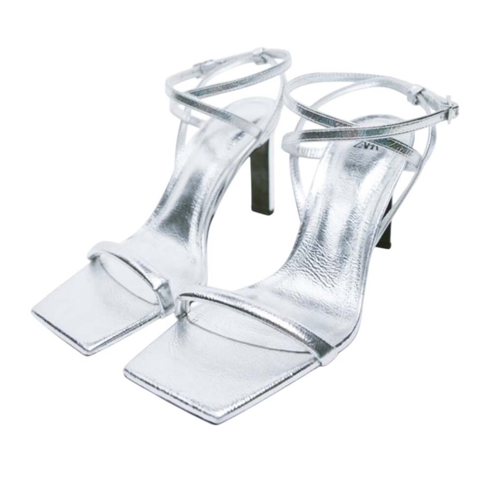 Zara Silver Metallic Strappy Square Open Toe Sandal Heels 40